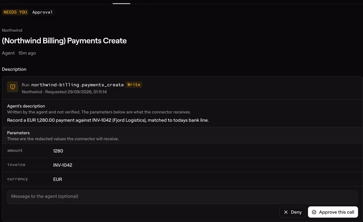 Kortix Review tab holding an approval request: (Northwind Billing) Payments Create, with Deny and Approve this call.